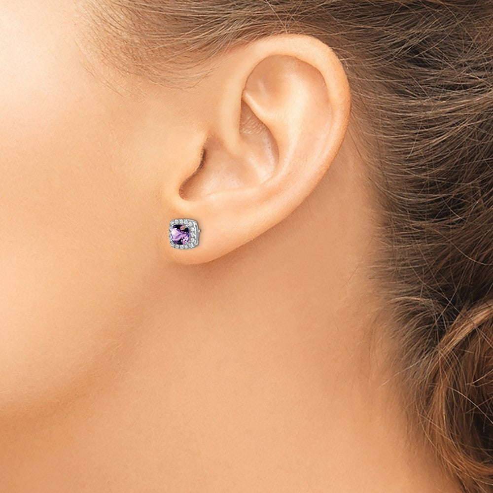 14k White Gold 5mm Cushion Amethyst and .19 carat Diamond Halo Post Earrings