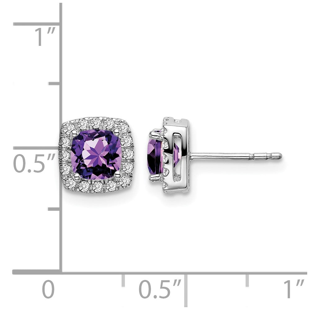 14k White Gold 5mm Cushion Amethyst and .19 carat Diamond Halo Post Earrings