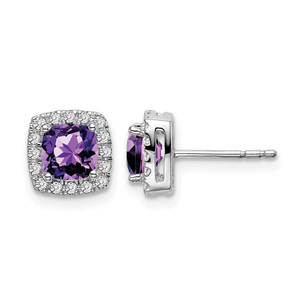 14k White Gold 5mm Cushion Amethyst and .19 carat Diamond Halo Post Earrings