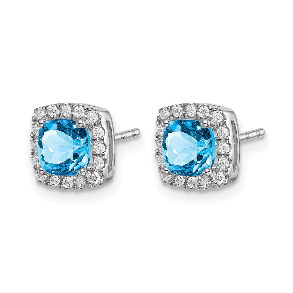 14k White Gold 5mm Cushion Blue Topaz and .19 carat Diamond Halo Post Earrings