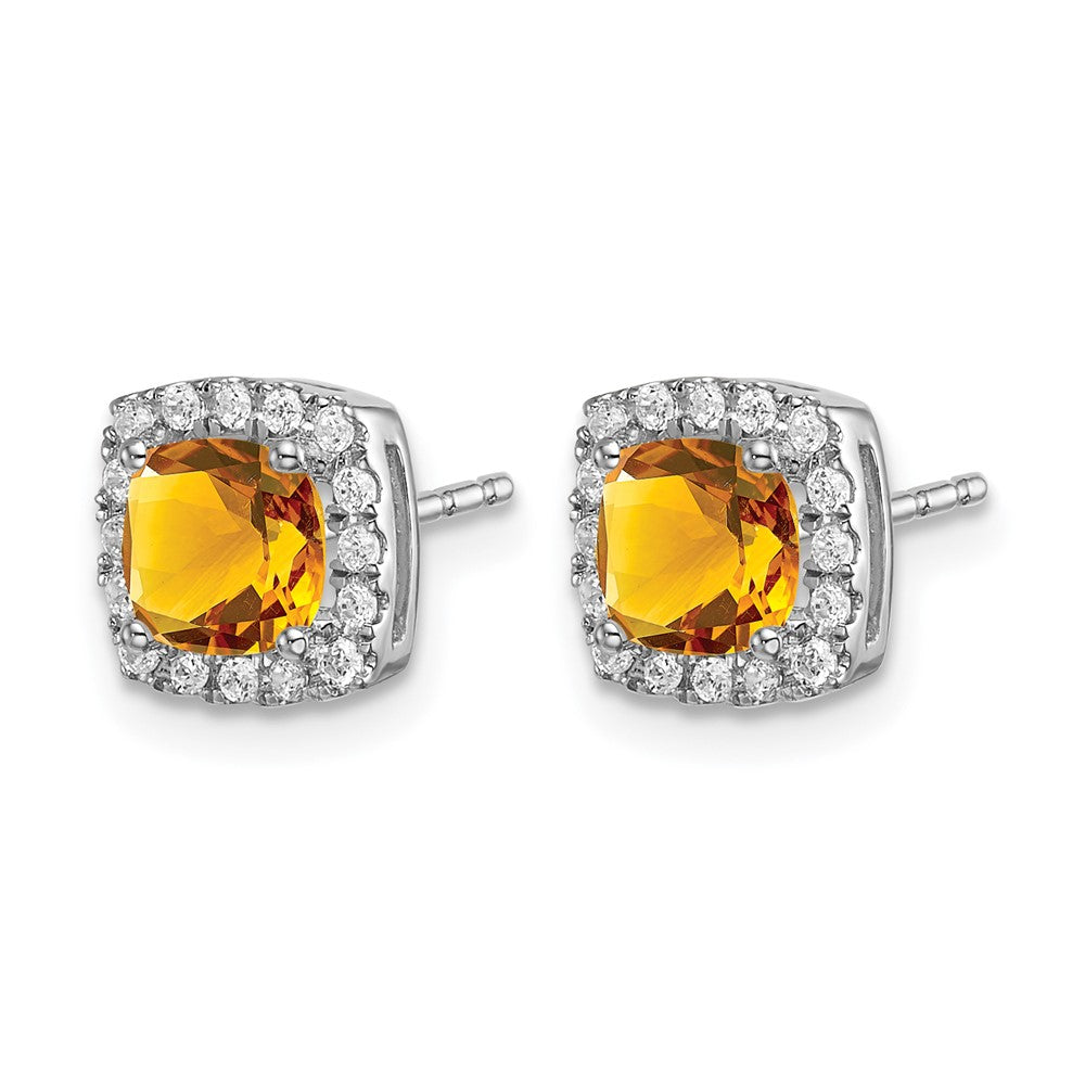 14k White Gold 5mm Cushion Citrine and .19 carat Diamond Halo Post Earrings