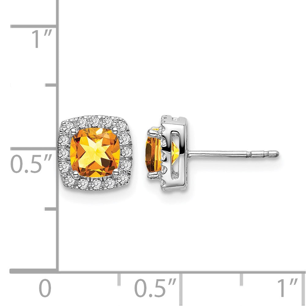 14k White Gold 5mm Cushion Citrine and .19 carat Diamond Halo Post Earrings