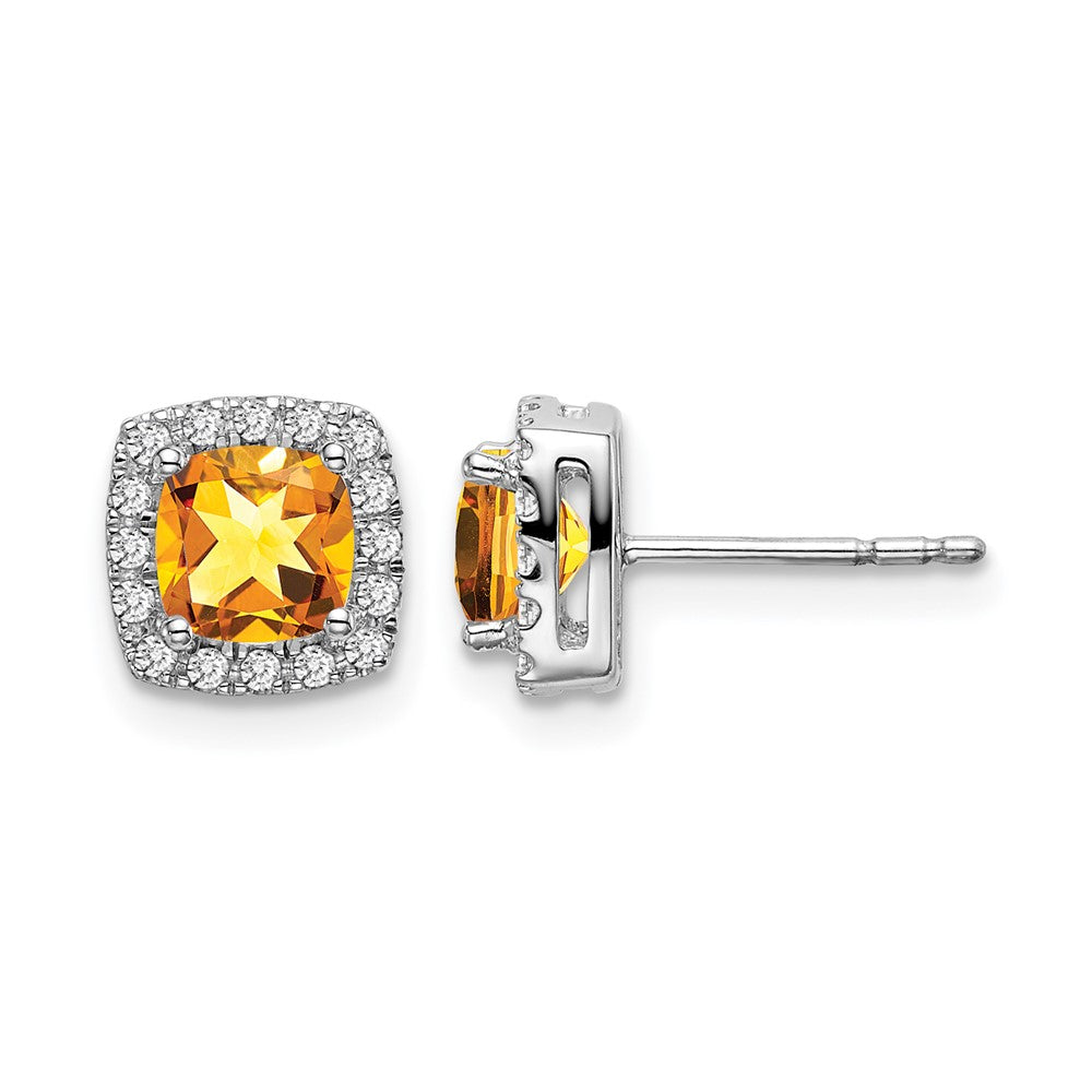 14k White Gold 5mm Cushion Citrine and .19 carat Diamond Halo Post Earrings