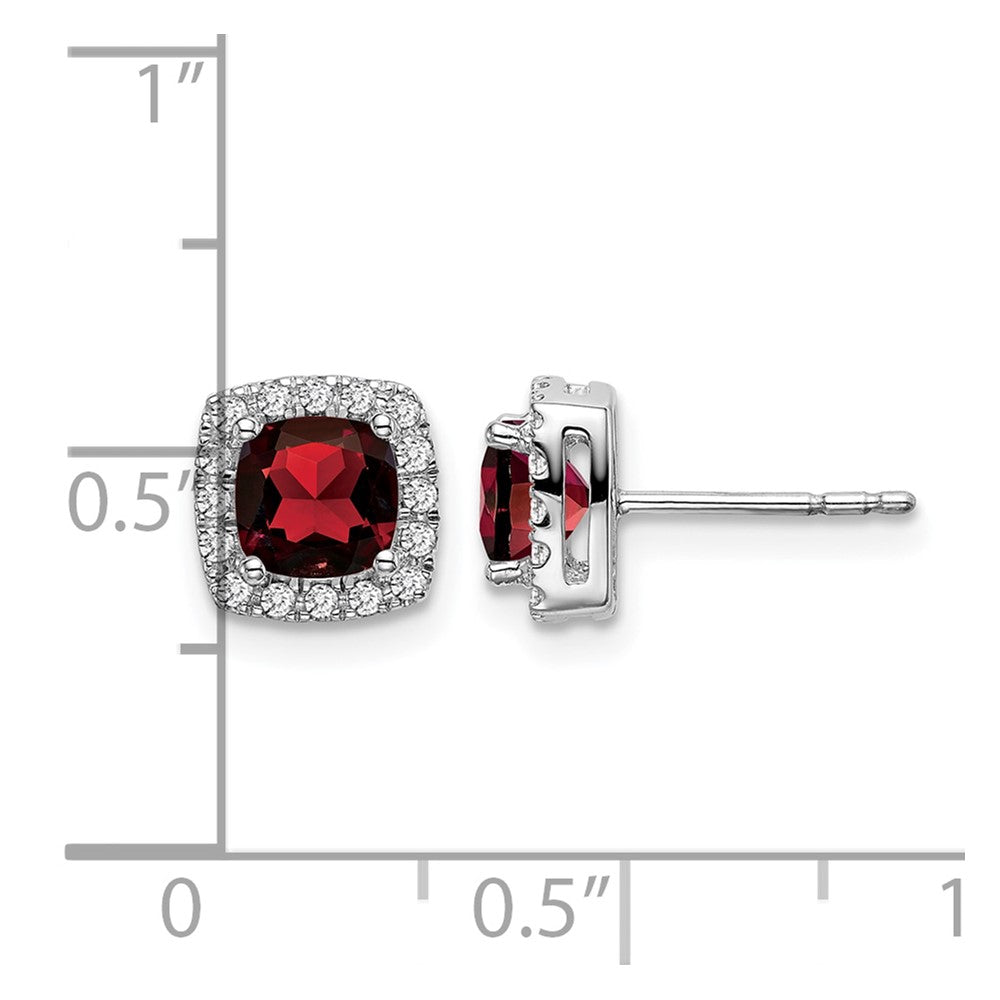 14k White Gold 5mm Cushion Garnet and .19 carat Diamond Halo Post Earrings