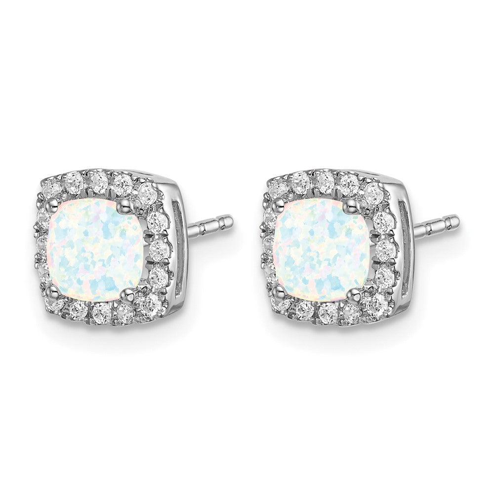 14k White Gold 5mm Cushion Lab Created Opal and Diamond Square Halo Post Earrings