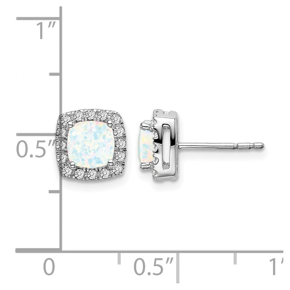 14k White Gold 5mm Cushion Lab Created Opal and Diamond Square Halo Post Earrings