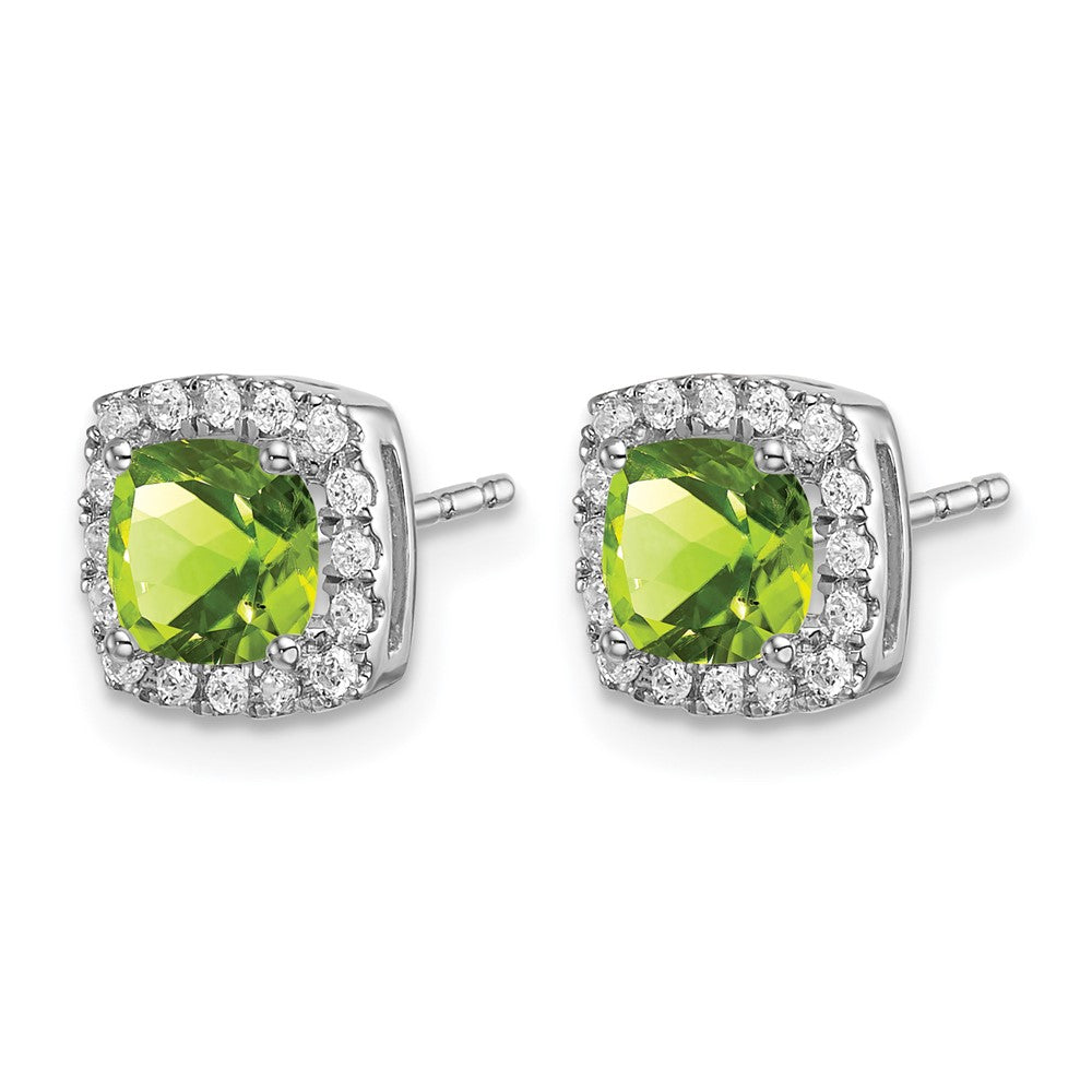 14k White Gold 5mm Cushion Peridot and .19 carat Diamond Halo Post Earrings