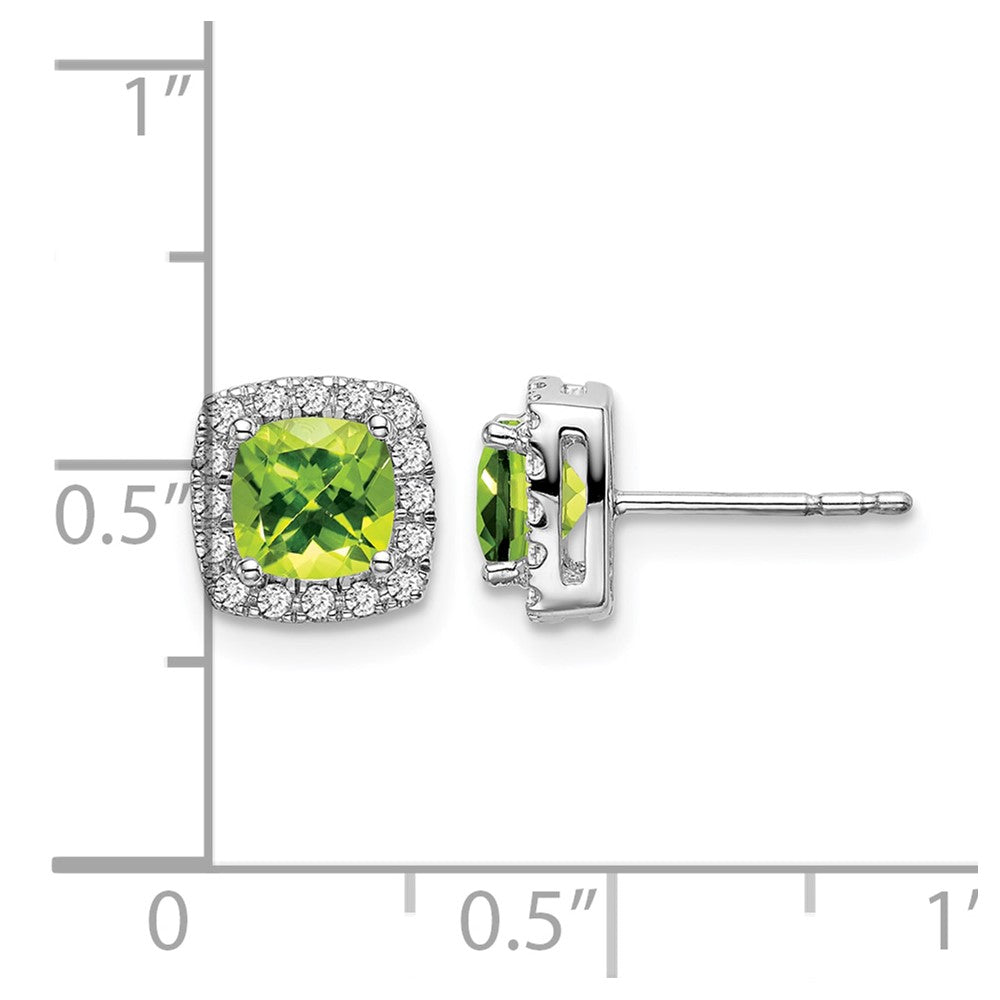 14k White Gold 5mm Cushion Peridot and .19 carat Diamond Halo Post Earrings