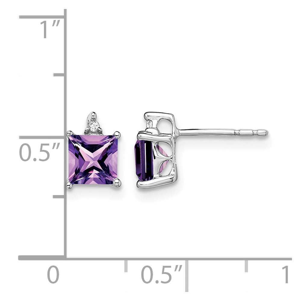 14k White Gold 5mm Princess Amethyst and .01 carat Diamond Post Earrings