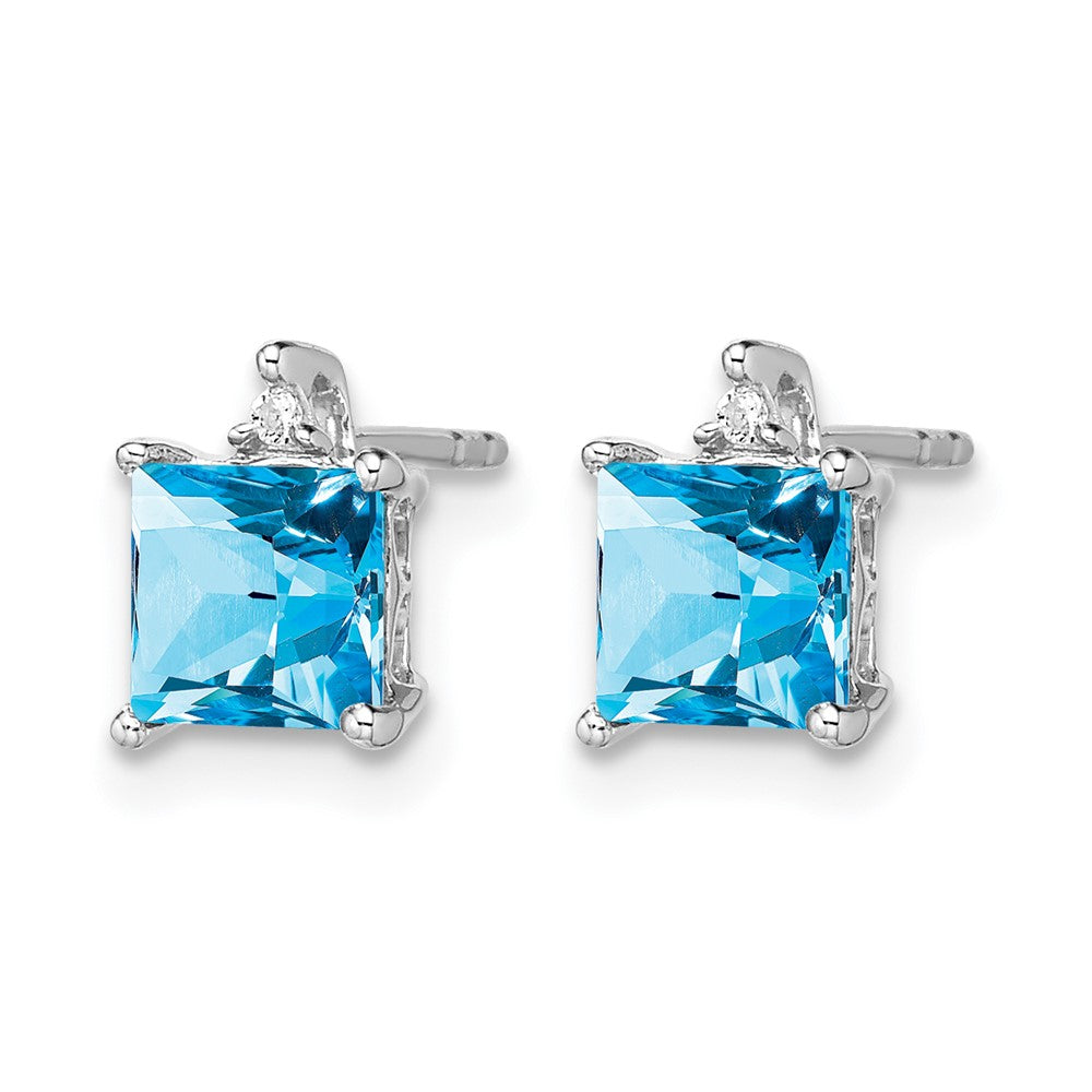 14k White Gold 5mm Princess Blue Topaz and .01 carat Diamond Post Earrings