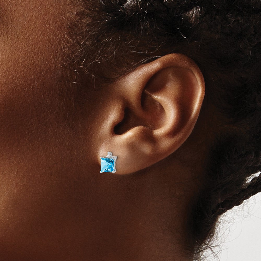 14k White Gold 5mm Princess Blue Topaz and .01 carat Diamond Post Earrings