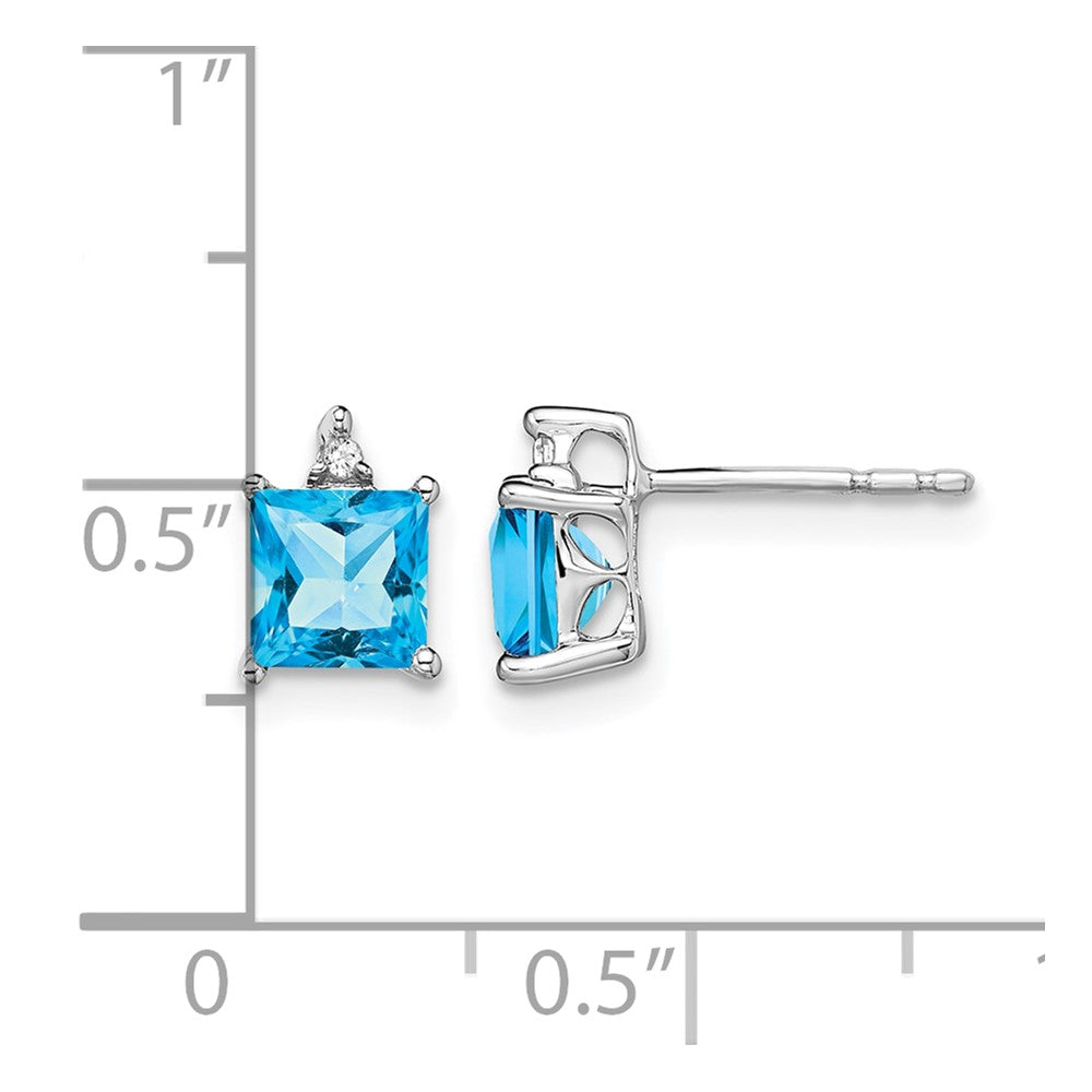 14k White Gold 5mm Princess Blue Topaz and .01 carat Diamond Post Earrings