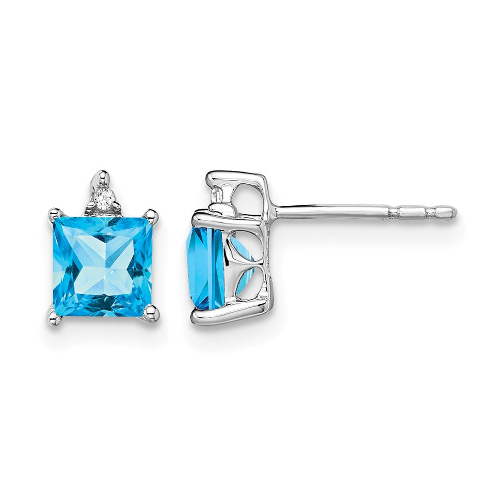 14k White Gold 5mm Princess Blue Topaz and .01 carat Diamond Post Earrings