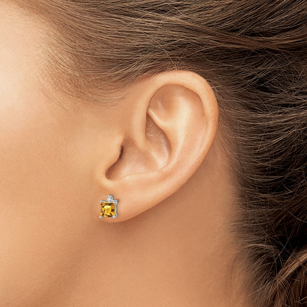 14k White Gold 5mm Princess Citrine and .01 carat Diamond Post Earrings