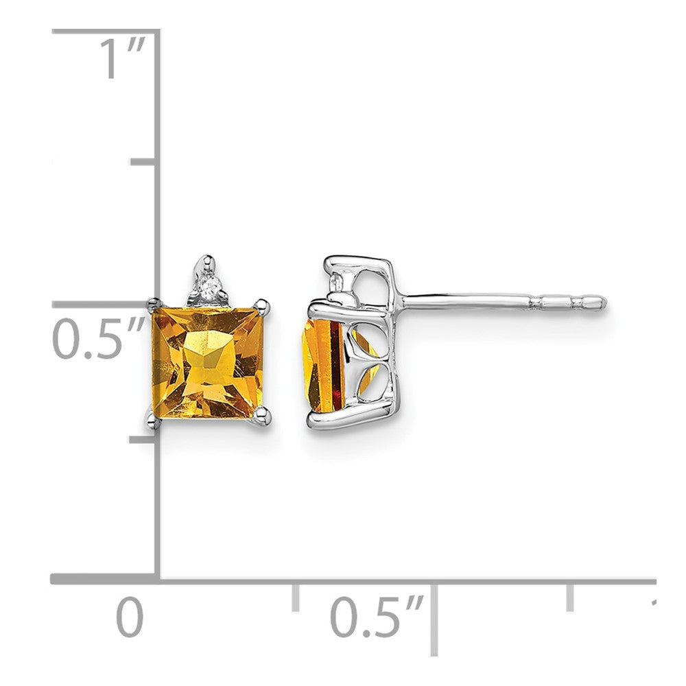14k White Gold 5mm Princess Citrine and .01 carat Diamond Post Earrings