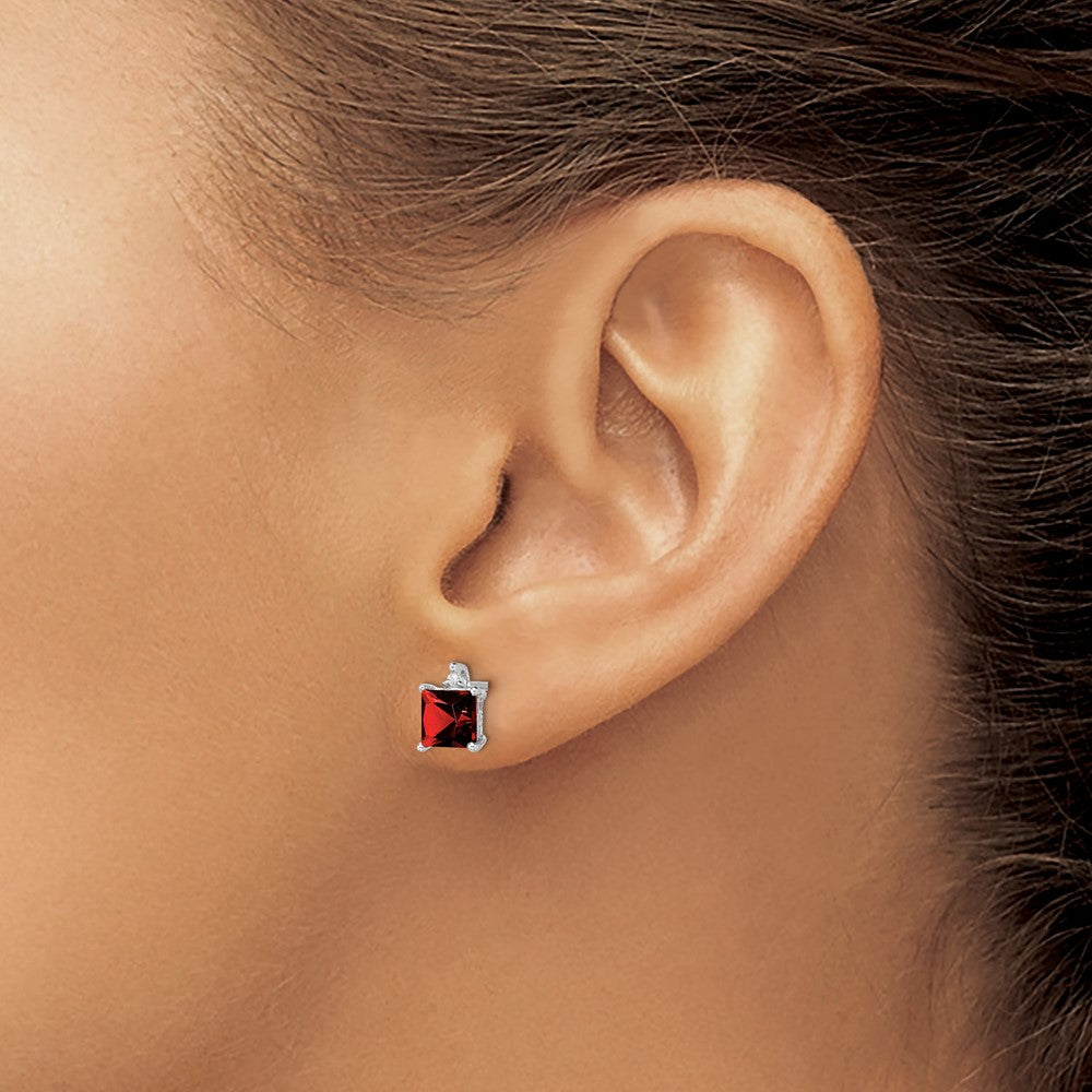14k White Gold 5mm Princess Garnet and .01 carat Diamond Post Earrings