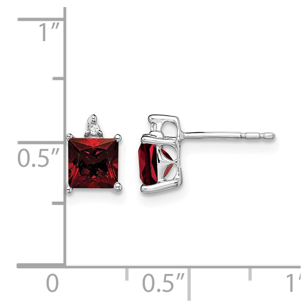 14k White Gold 5mm Princess Garnet and .01 carat Diamond Post Earrings