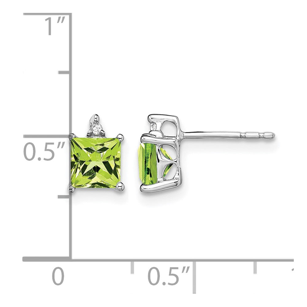14k White Gold 5mm Princess Peridot and .01 carat Diamond Post Earrings