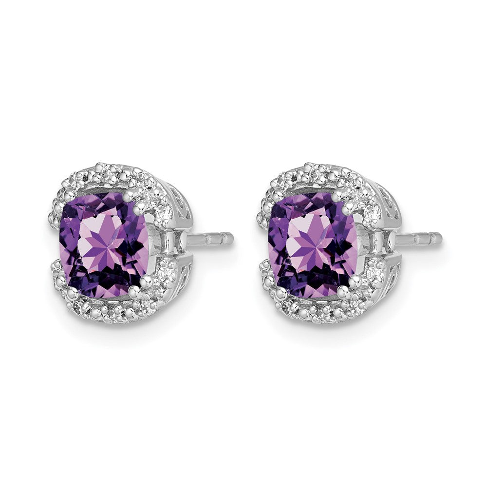 14k White Gold 6mm Cushion Amethyst and .10 carat Diamond Halo Post Earrings