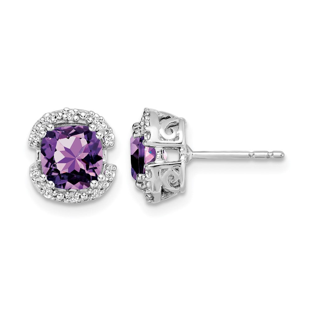 14k White Gold 6mm Cushion Amethyst and .10 carat Diamond Halo Post Earrings