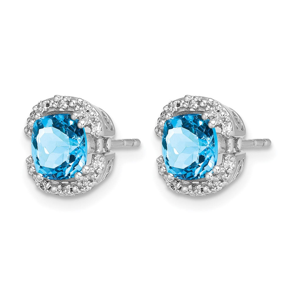 14k White Gold 6mm Cushion Blue Topaz and .10 carat Diamond Halo Post Earrings