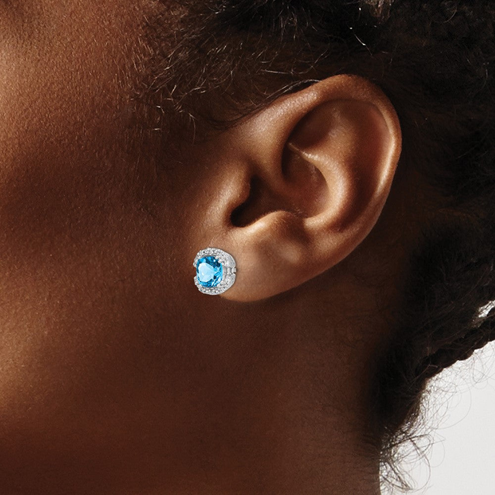 14k White Gold 6mm Cushion Blue Topaz and .10 carat Diamond Halo Post Earrings