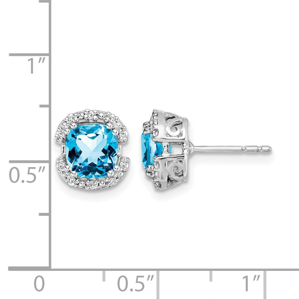 14k White Gold 6mm Cushion Blue Topaz and .10 carat Diamond Halo Post Earrings