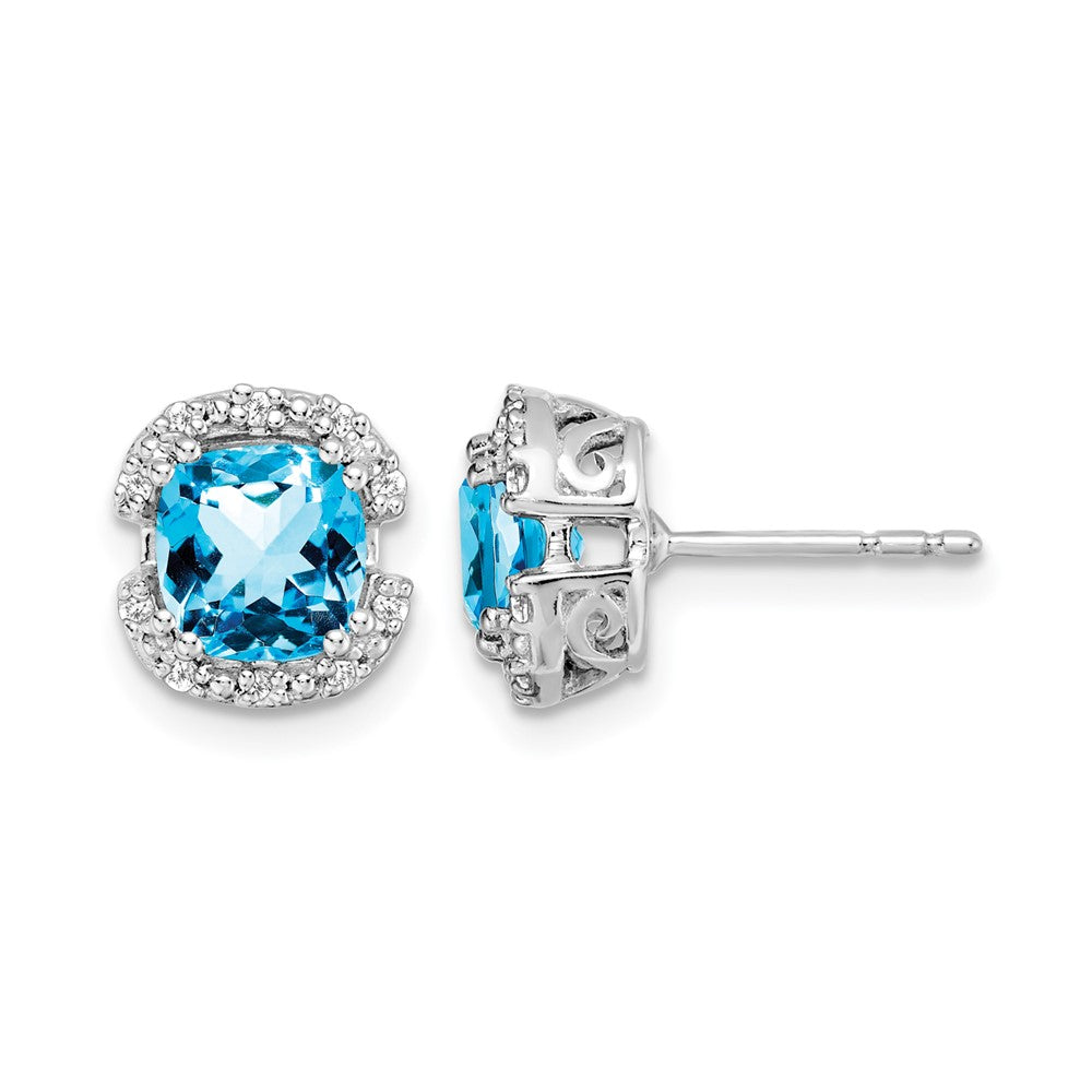 14k White Gold 6mm Cushion Blue Topaz and .10 carat Diamond Halo Post Earrings
