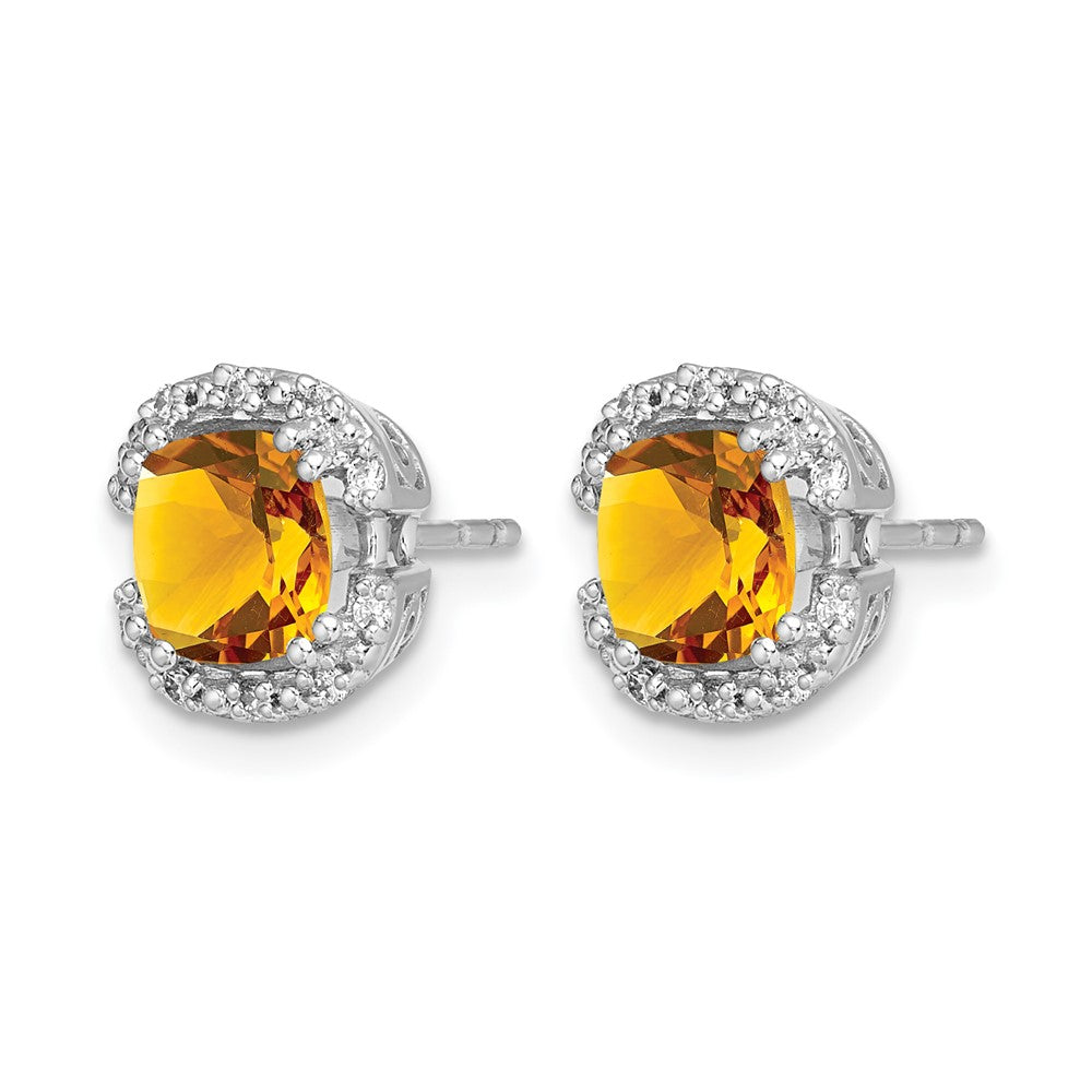 14k White Gold 6mm Cushion Citrine and .10 carat Diamond Halo Post Earrings