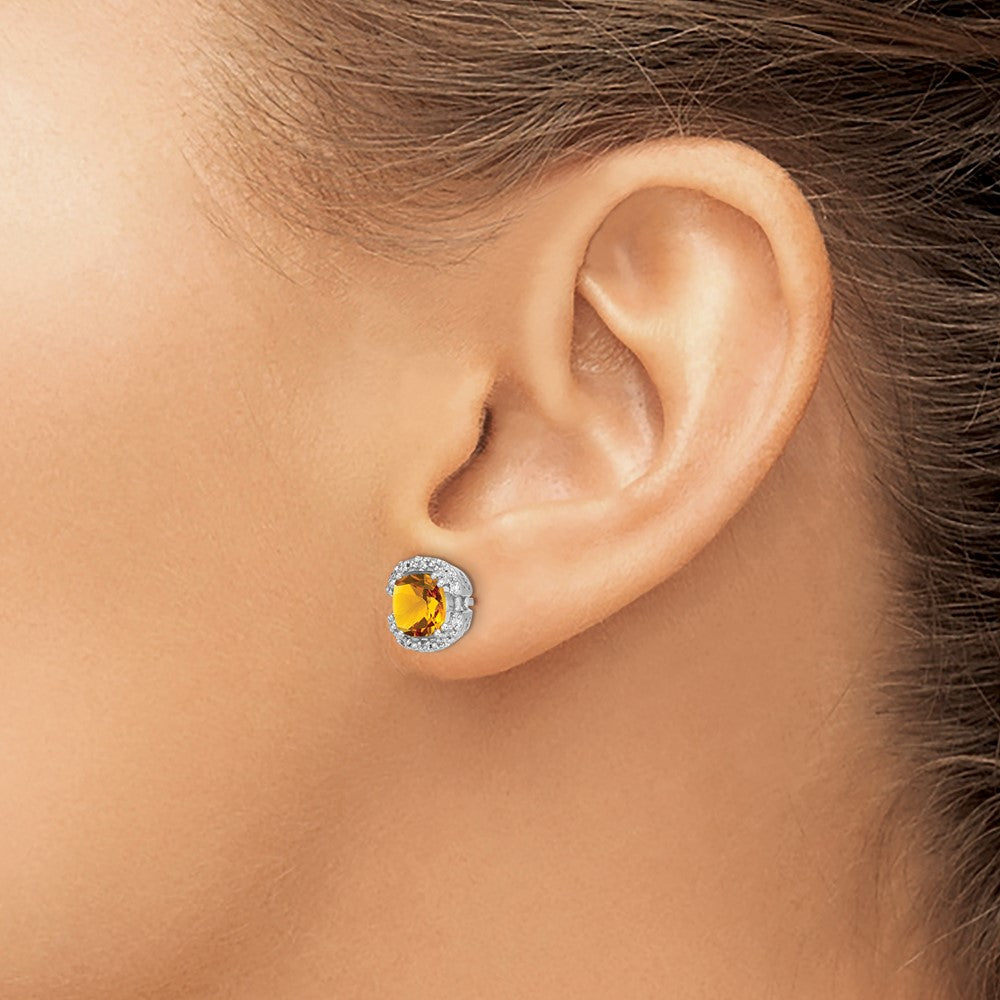 14k White Gold 6mm Cushion Citrine and .10 carat Diamond Halo Post Earrings