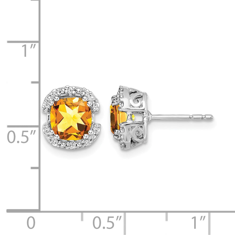 14k White Gold 6mm Cushion Citrine and .10 carat Diamond Halo Post Earrings