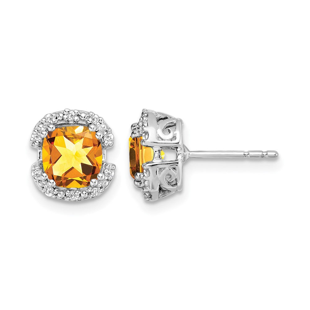 14k White Gold 6mm Cushion Citrine and .10 carat Diamond Halo Post Earrings