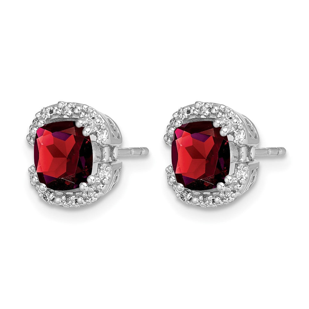 14k White Gold 6mm Cushion Garnet and .10 carat Diamond Halo Post Earrings