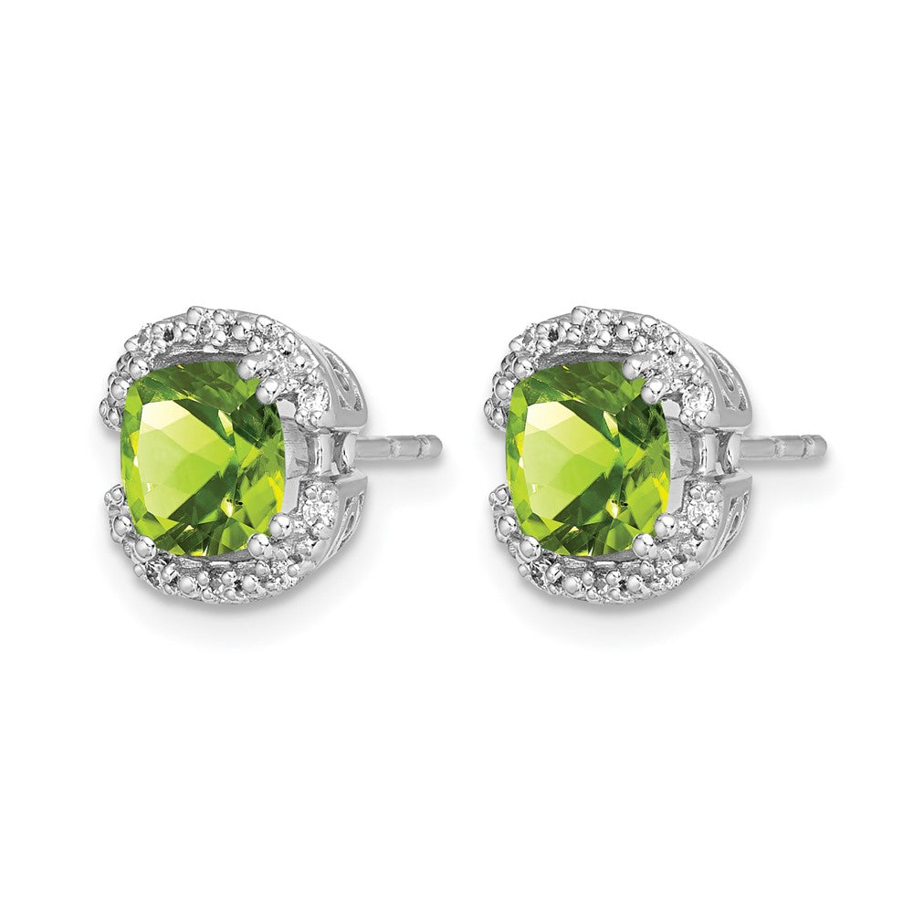 14k White Gold 6mm Cushion Peridot and .10 carat Diamond Halo Post Earrings