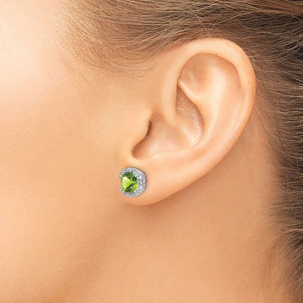 14k White Gold 6mm Cushion Peridot and .10 carat Diamond Halo Post Earrings