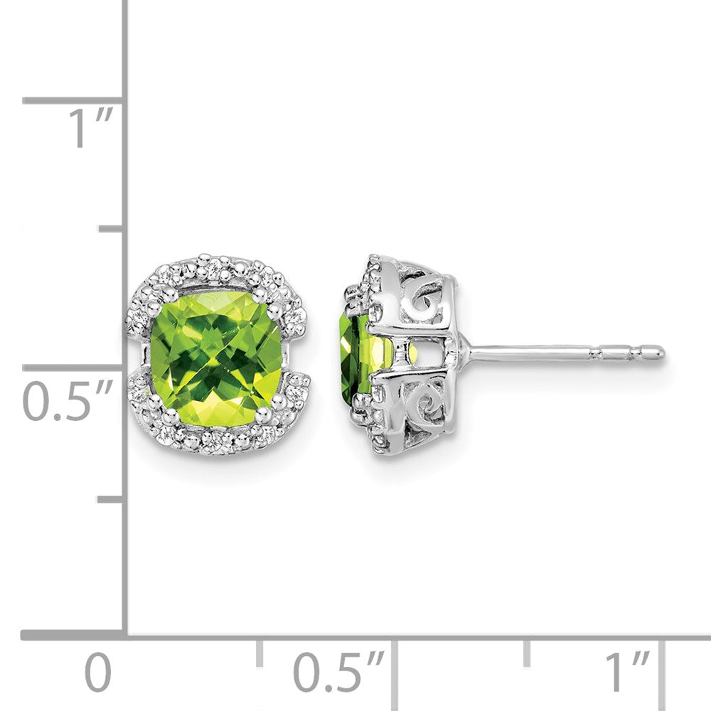 14k White Gold 6mm Cushion Peridot and .10 carat Diamond Halo Post Earrings