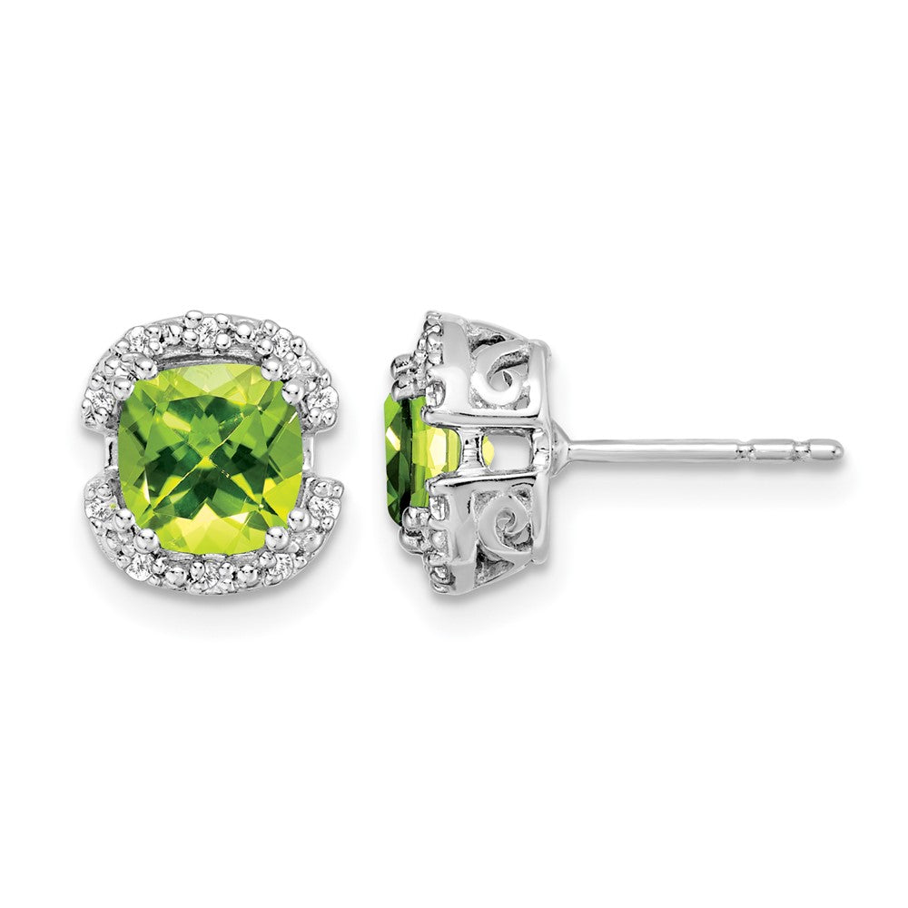 14k White Gold 6mm Cushion Peridot and .10 carat Diamond Halo Post Earrings