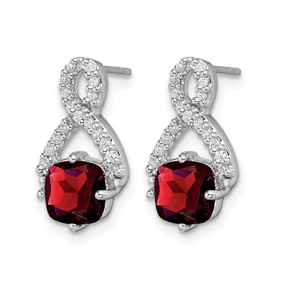 14k White Gold 6mm Cushion Garnet and .17 carat Diamond Post Earrings