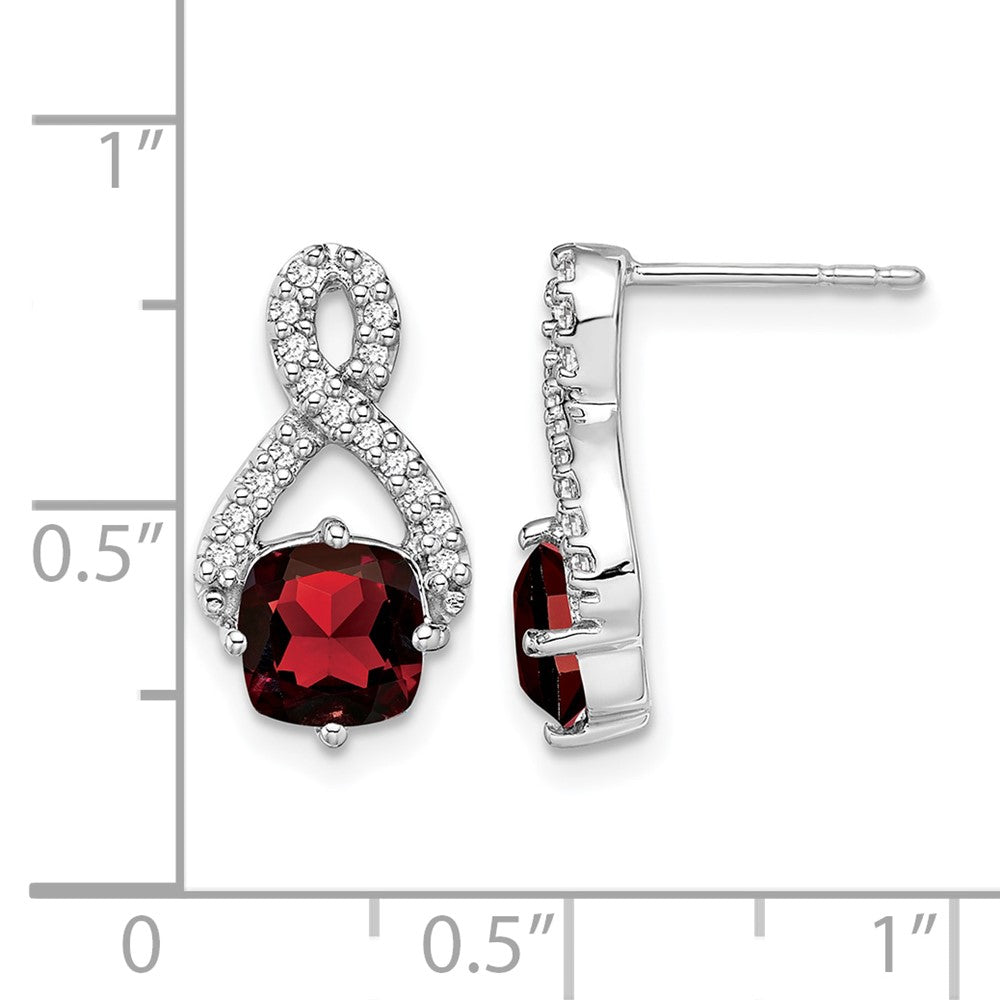 14k White Gold 6mm Cushion Garnet and .17 carat Diamond Post Earrings
