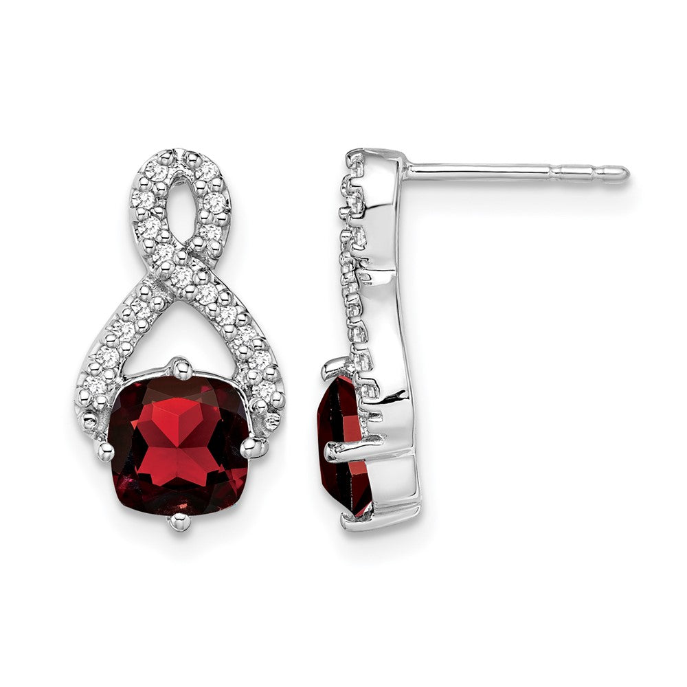 14k White Gold 6mm Cushion Garnet and .17 carat Diamond Post Earrings
