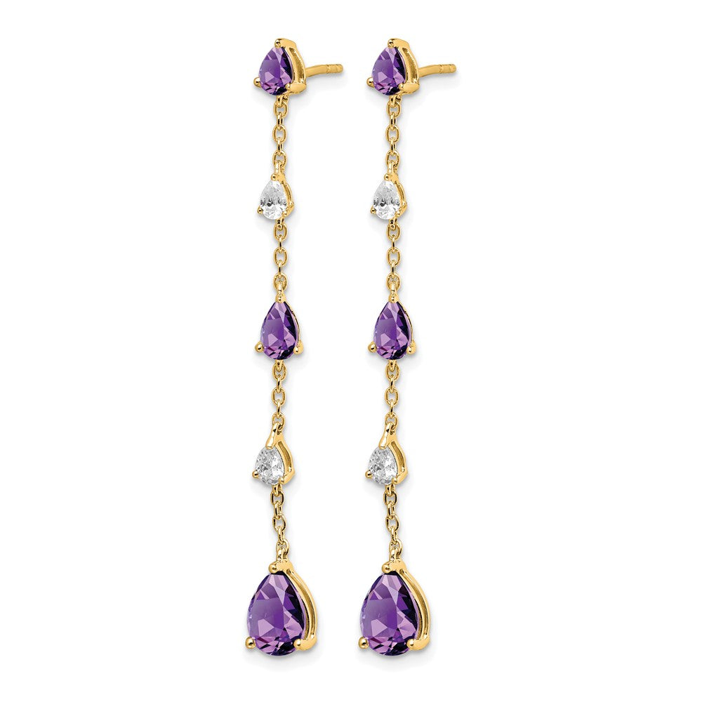 14k Pear Amethyst and White Topaz Dangle Chain Post Earrings