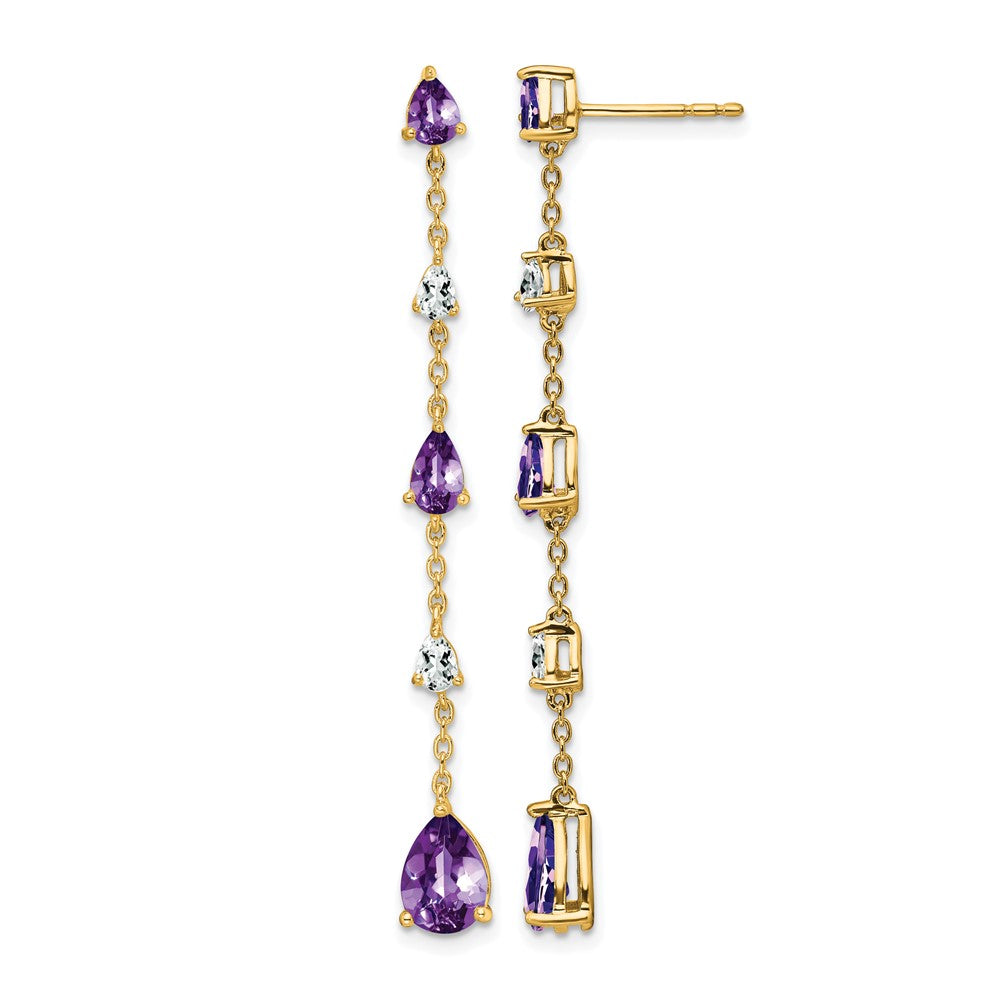 14k Pear Amethyst and White Topaz Dangle Chain Post Earrings