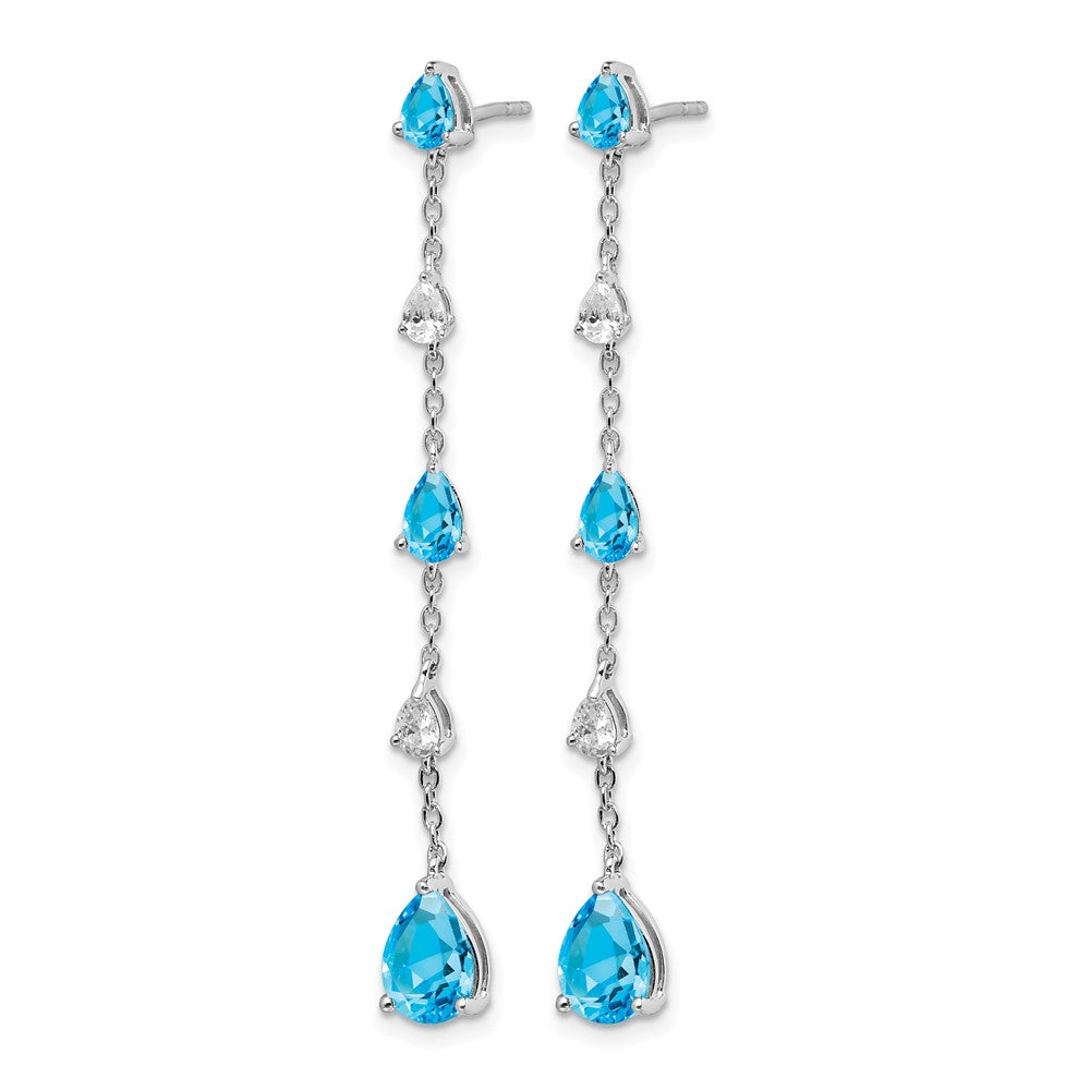 14k White Gold Pear Blue Topaz and White Topaz Dangle Chain Post Earrings