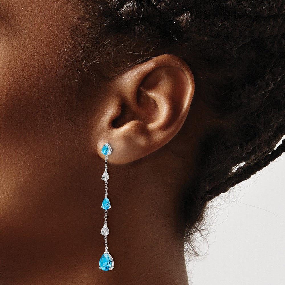 14k White Gold Pear Blue Topaz and White Topaz Dangle Chain Post Earrings