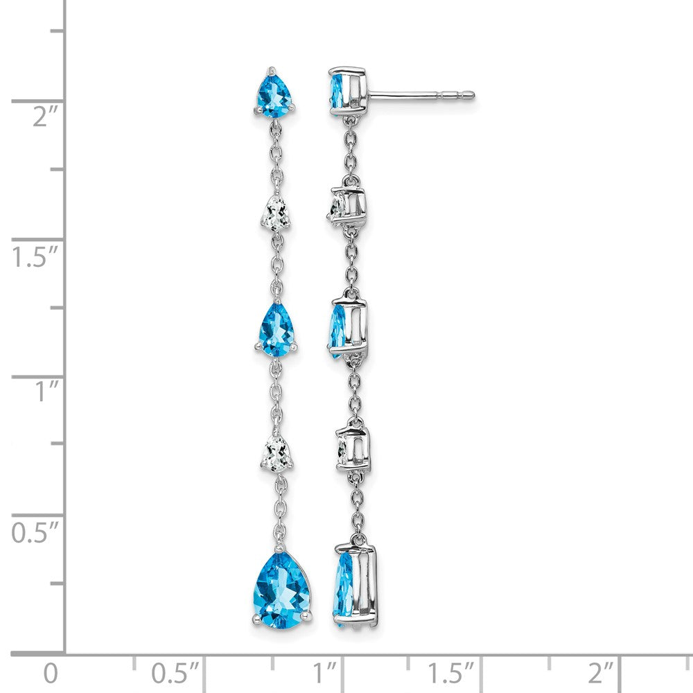14k White Gold Pear Blue Topaz and White Topaz Dangle Chain Post Earrings