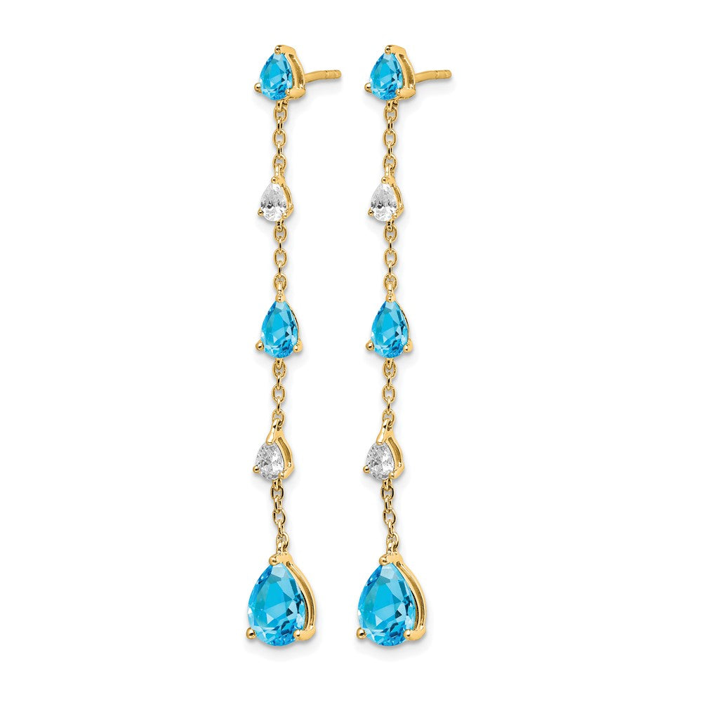 14k Pear Blue Topaz and White Topaz Dangle Chain Post Earrings