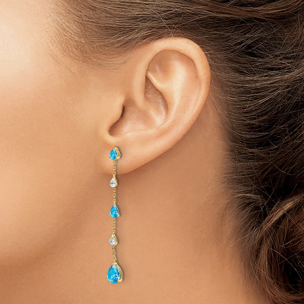 14k Pear Blue Topaz and White Topaz Dangle Chain Post Earrings