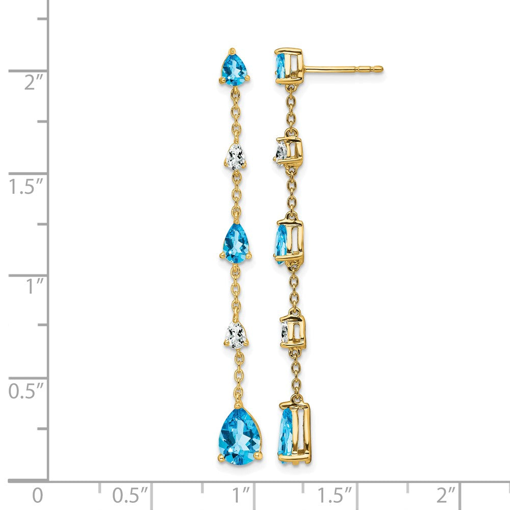 14k Pear Blue Topaz and White Topaz Dangle Chain Post Earrings