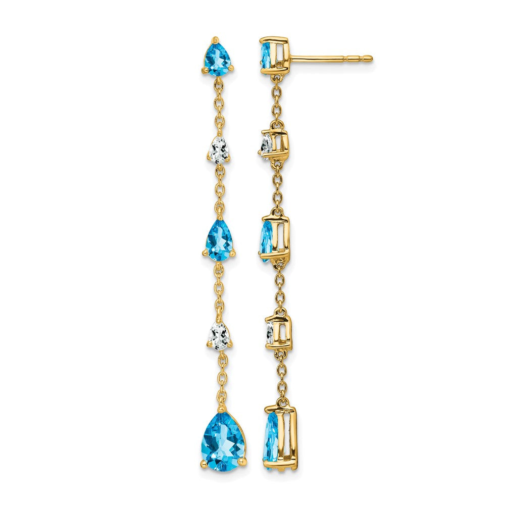 14k Pear Blue Topaz and White Topaz Dangle Chain Post Earrings