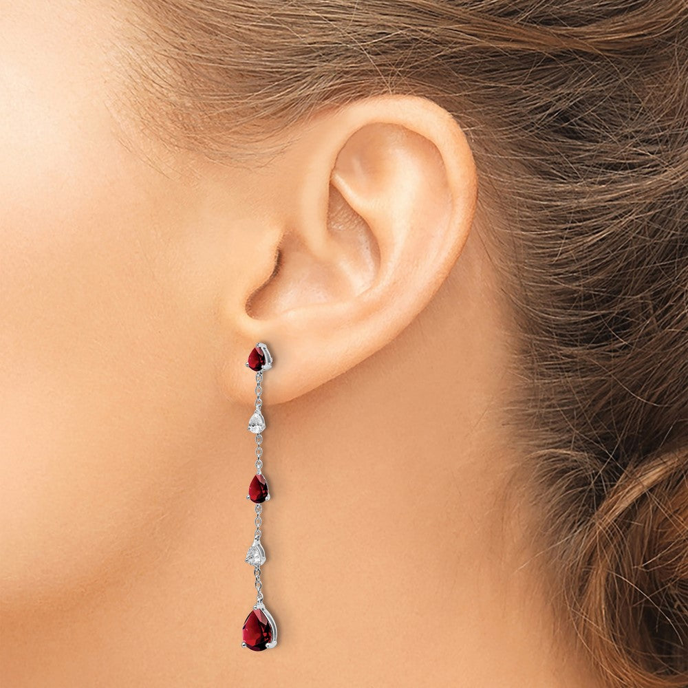 14k White Gold Pear Garnet and White Topaz Dangle Chain Post Earrings